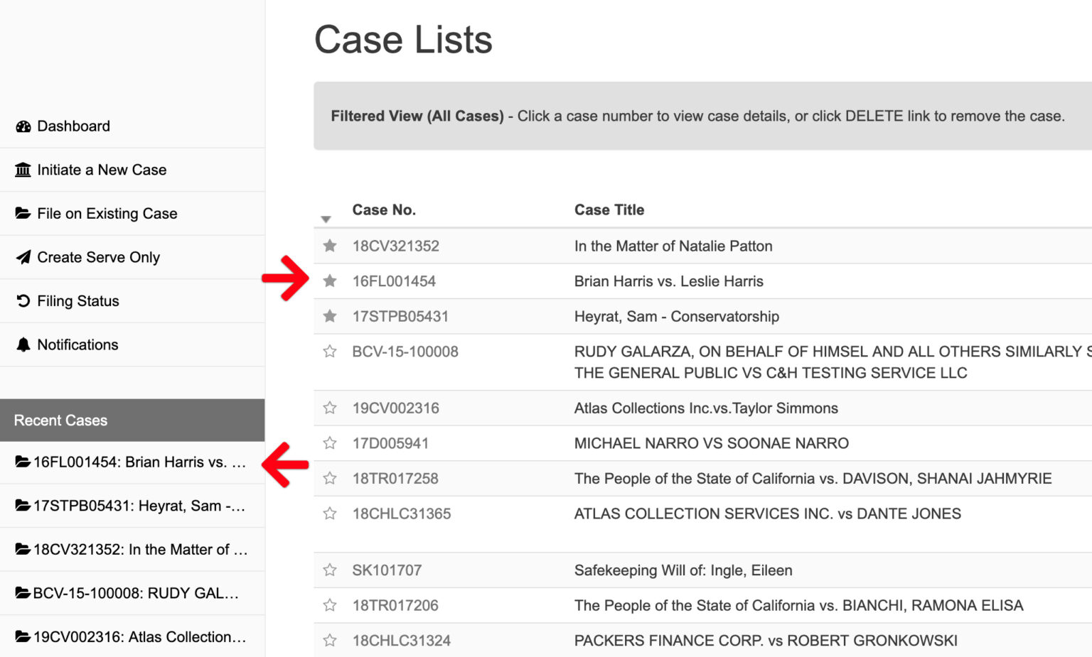 EFiling Case Lists for all Cases added in the application Green