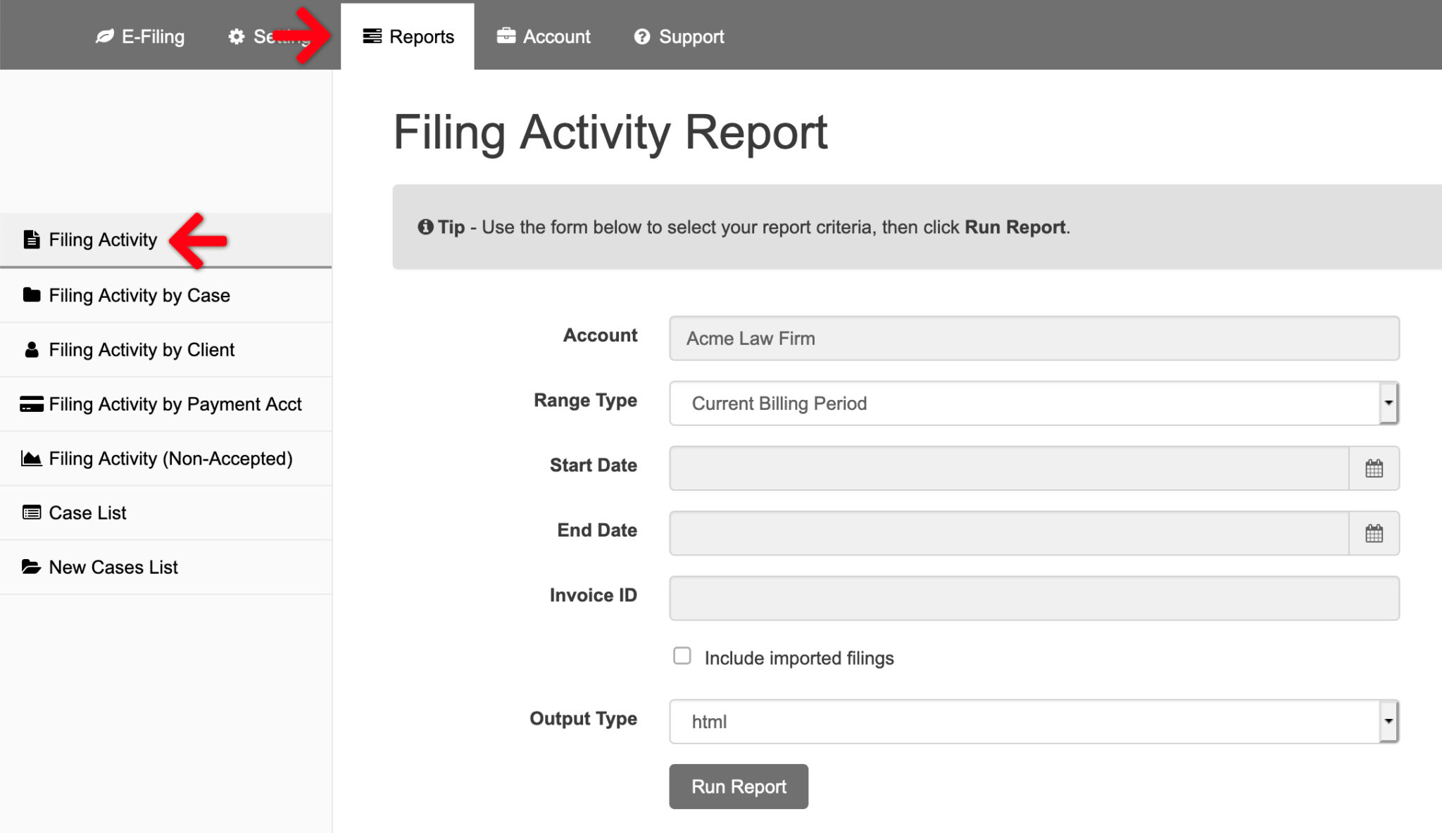 reports-filing-activity-tab-allows-a-user-to-run-reports-in-the