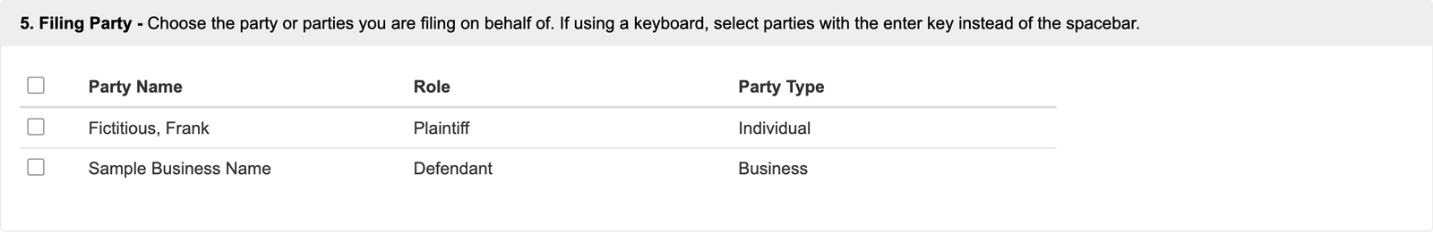 Select Filing Party